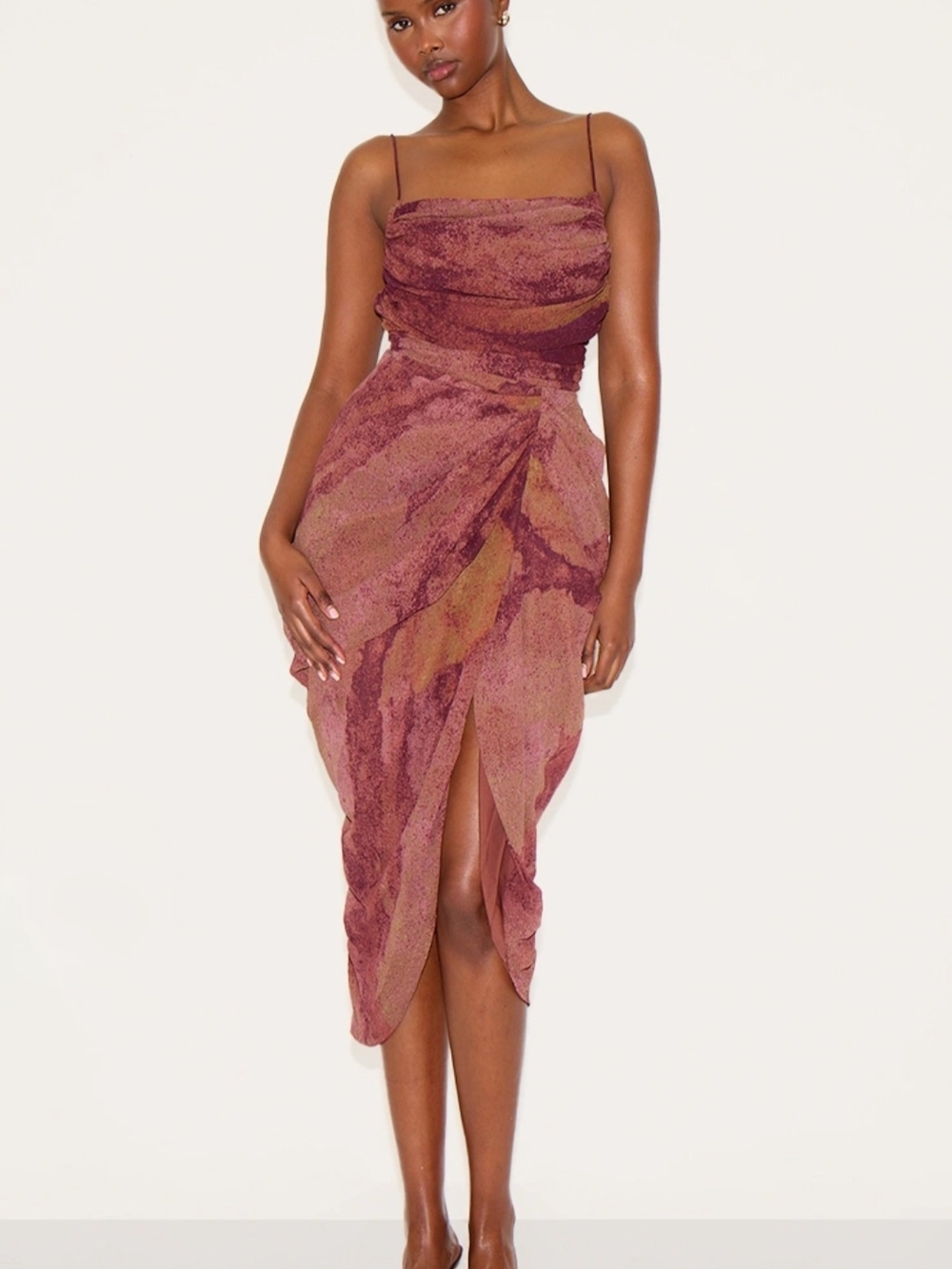 PrettyLittleThing Marble-Print Ruched Midi Dress in Dusty Rose